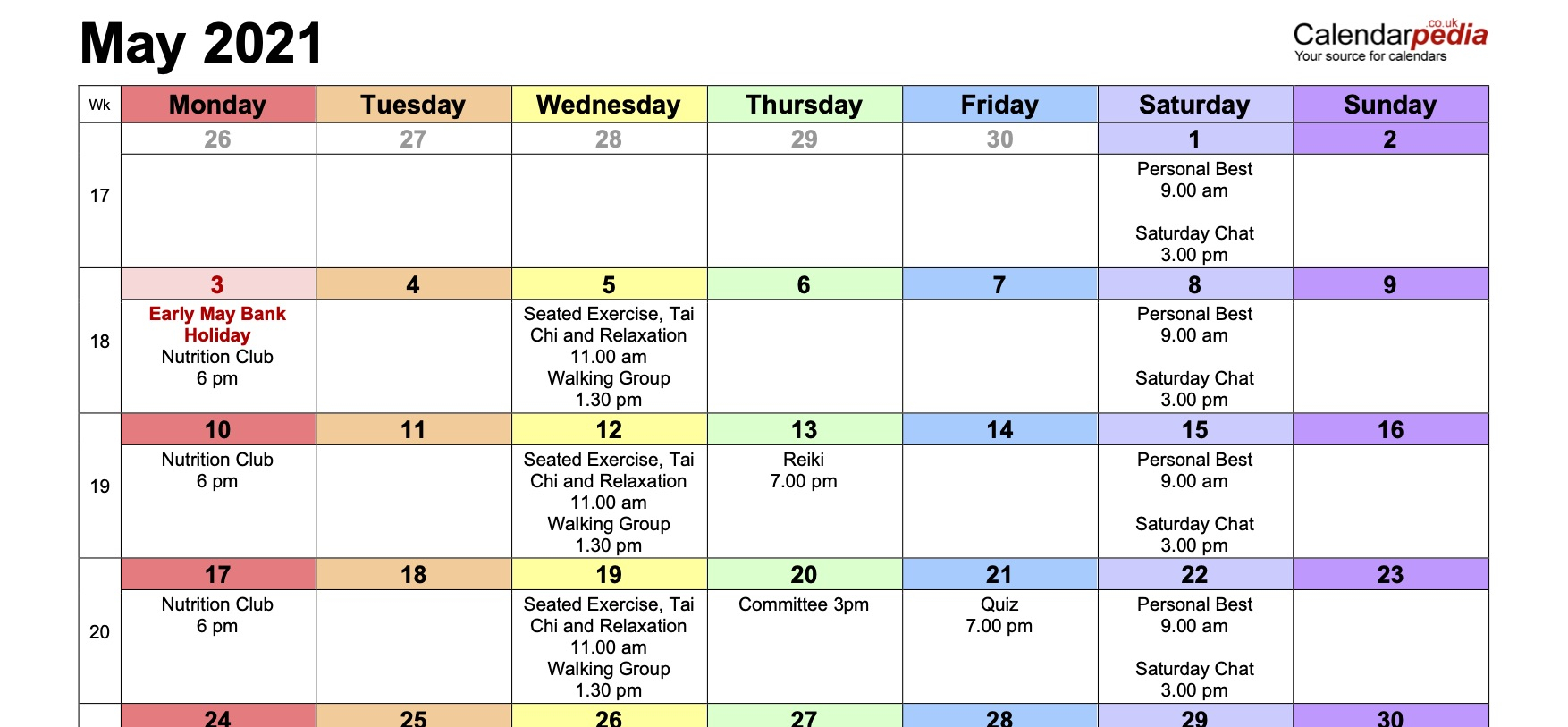 Group Calendar for May 2021